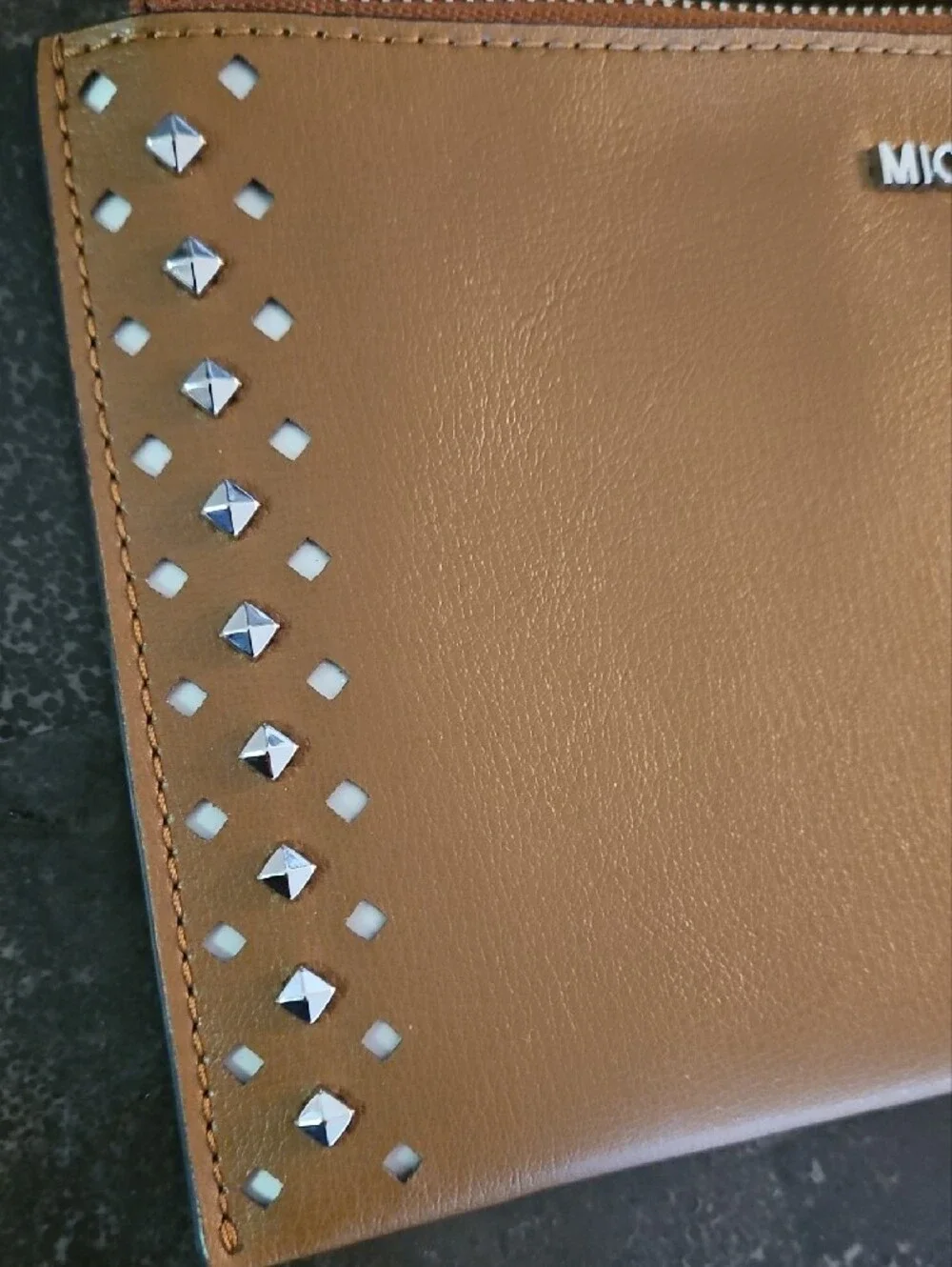 Michael Kors Camel Leather Wristlet with Silver Studs